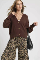 Chocolate brown oversized knit cardigan with V neckline, button front and long sleeves