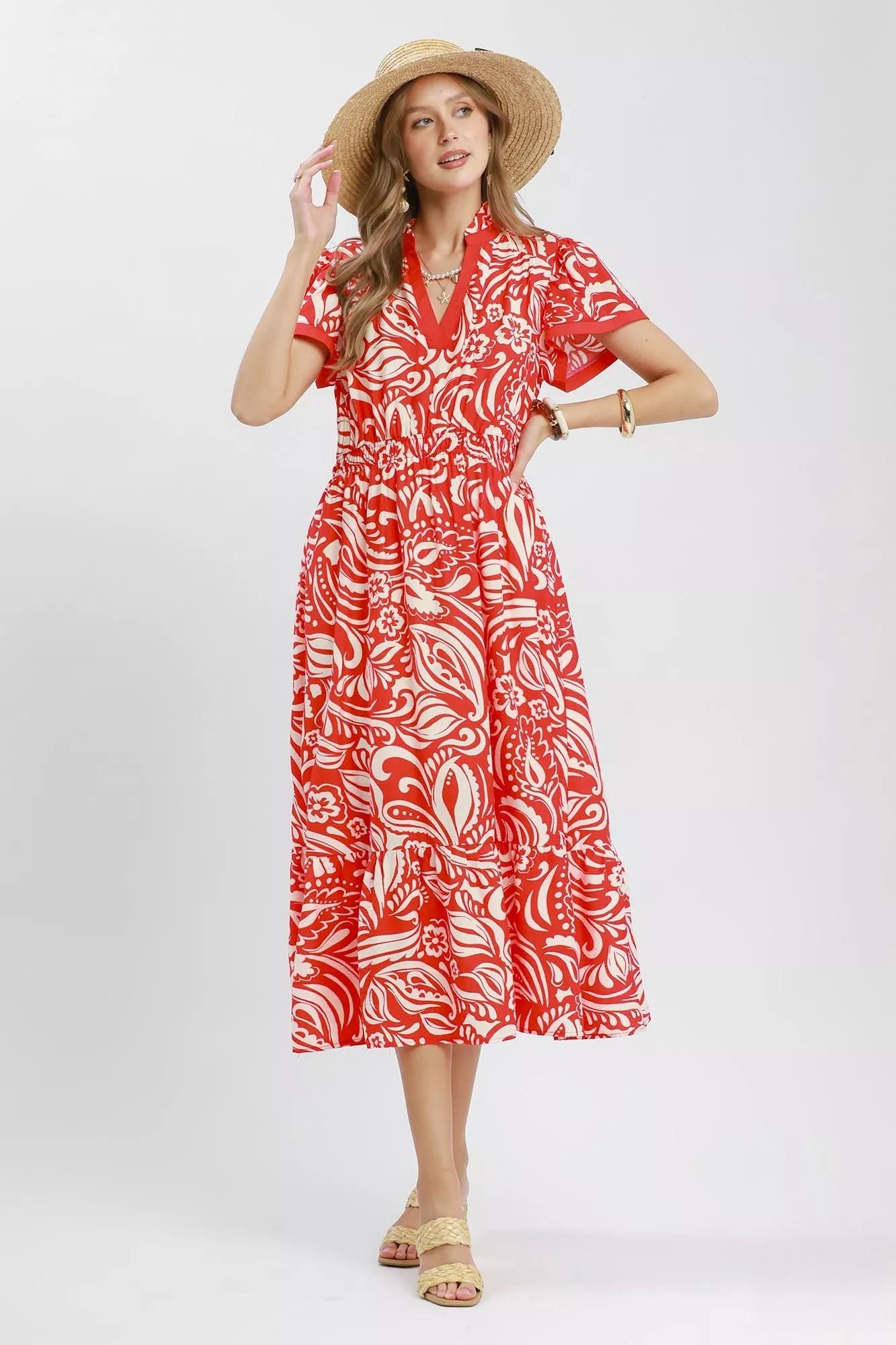 Model wearing a red and ivory floral midi dress with flutter sleeves, split neckline, elastic waist, side pockets, and a ruffle hem.