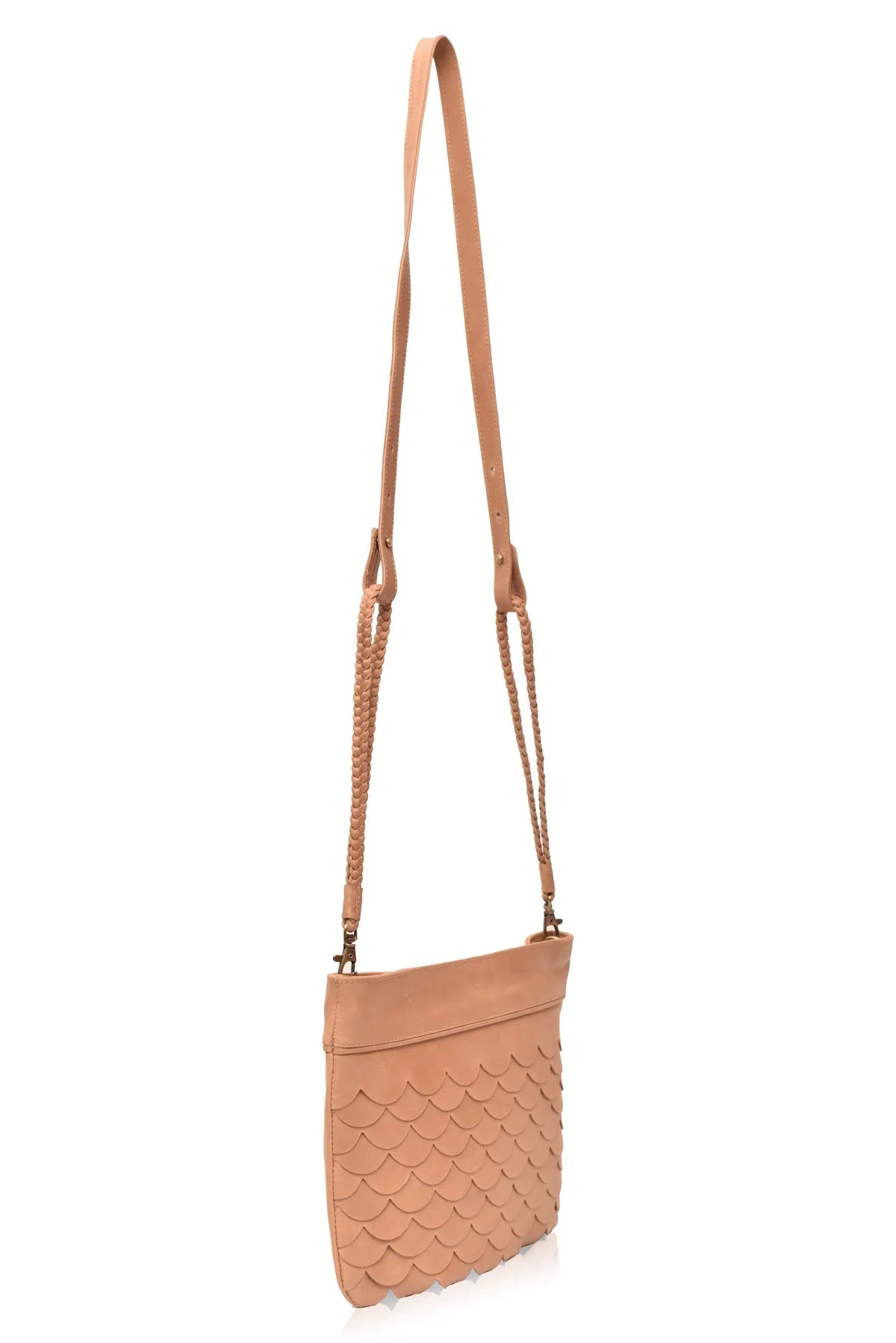 Side view of the beige Cascade Leather Crossbody Clutch with woven leather strap