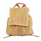 AVAH-front view khaki woven crochet backpack with brown leather straps