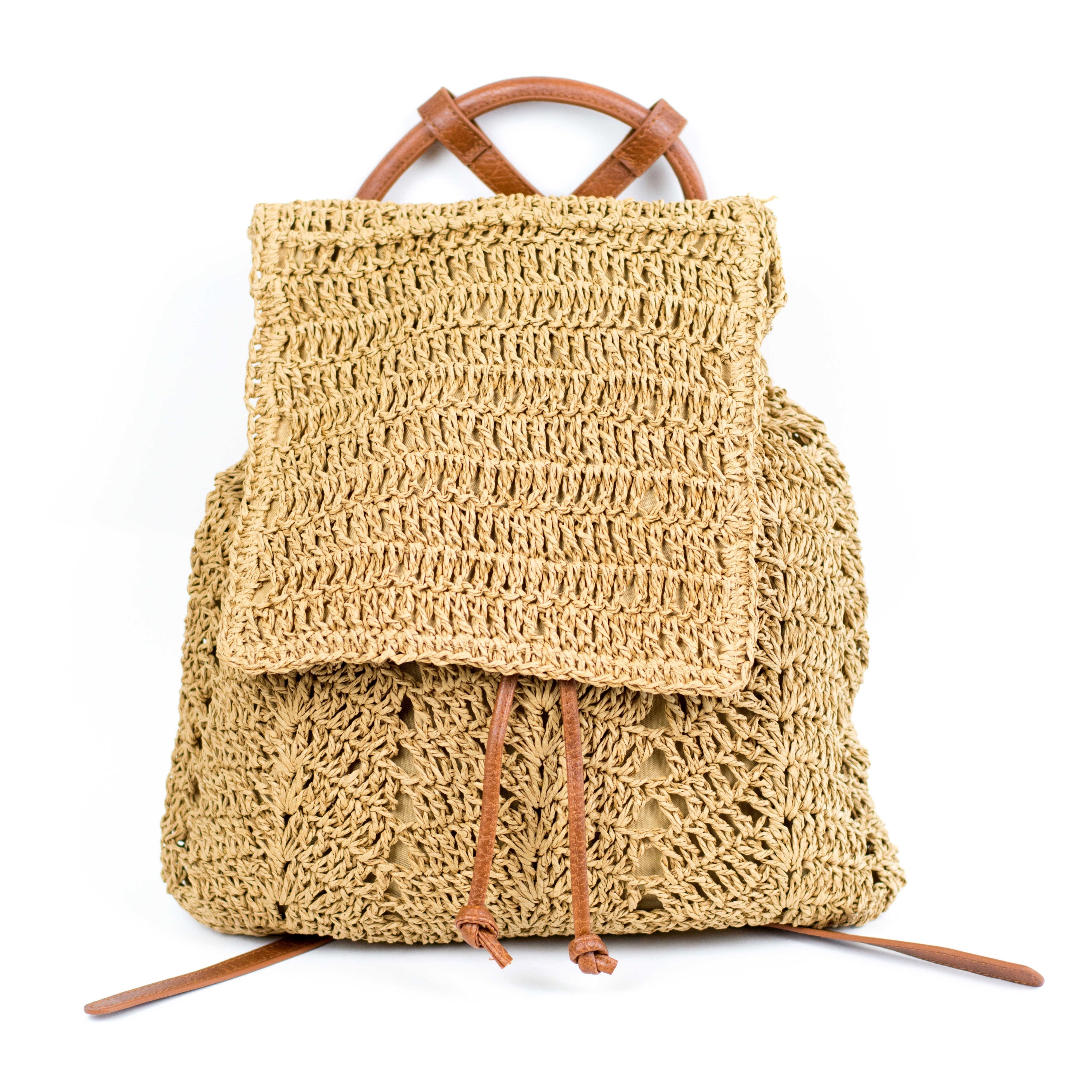 AVAH-front view khaki woven crochet backpack with brown leather straps