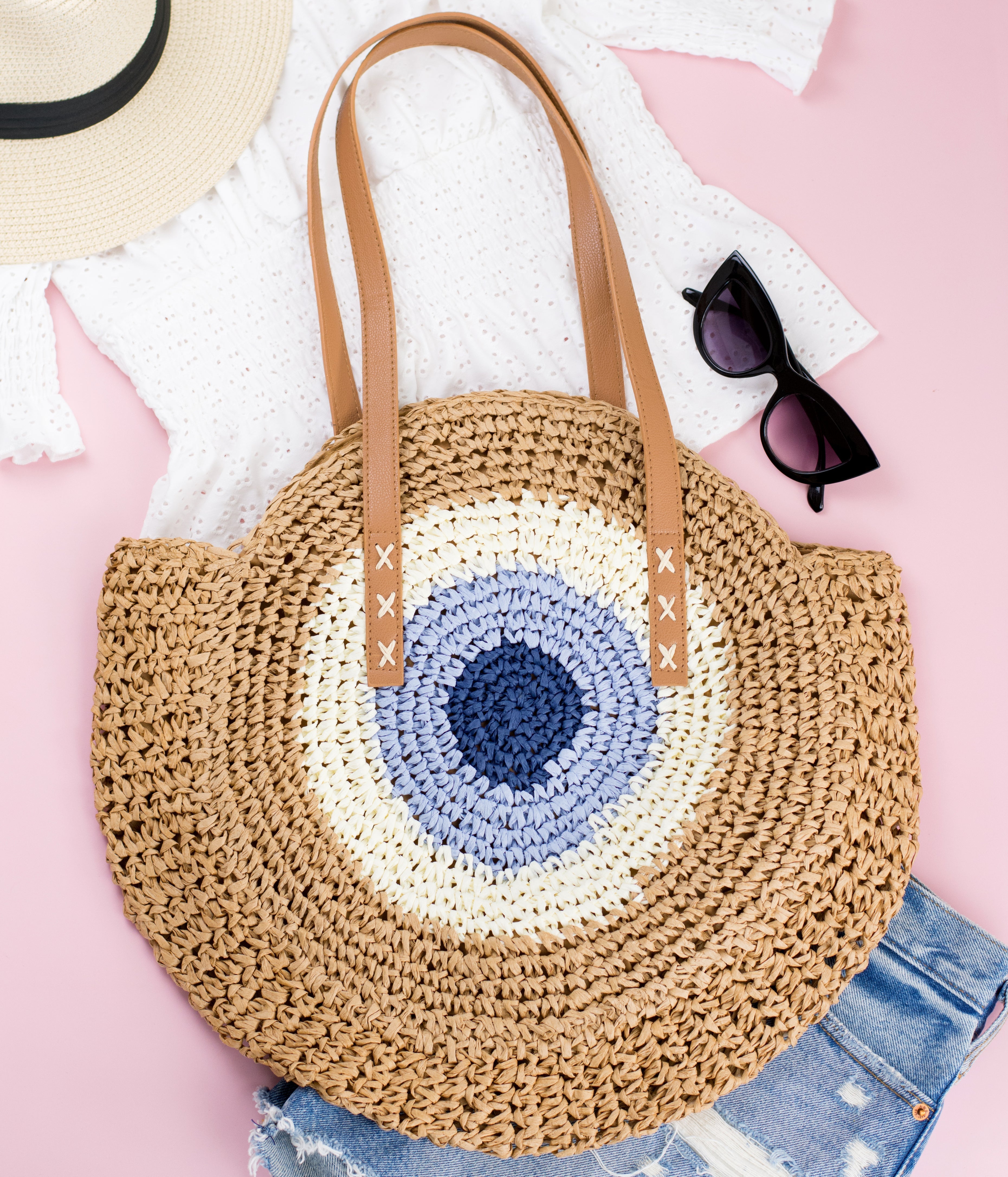 100% straw paper tote with PU leather straps in khaki blue