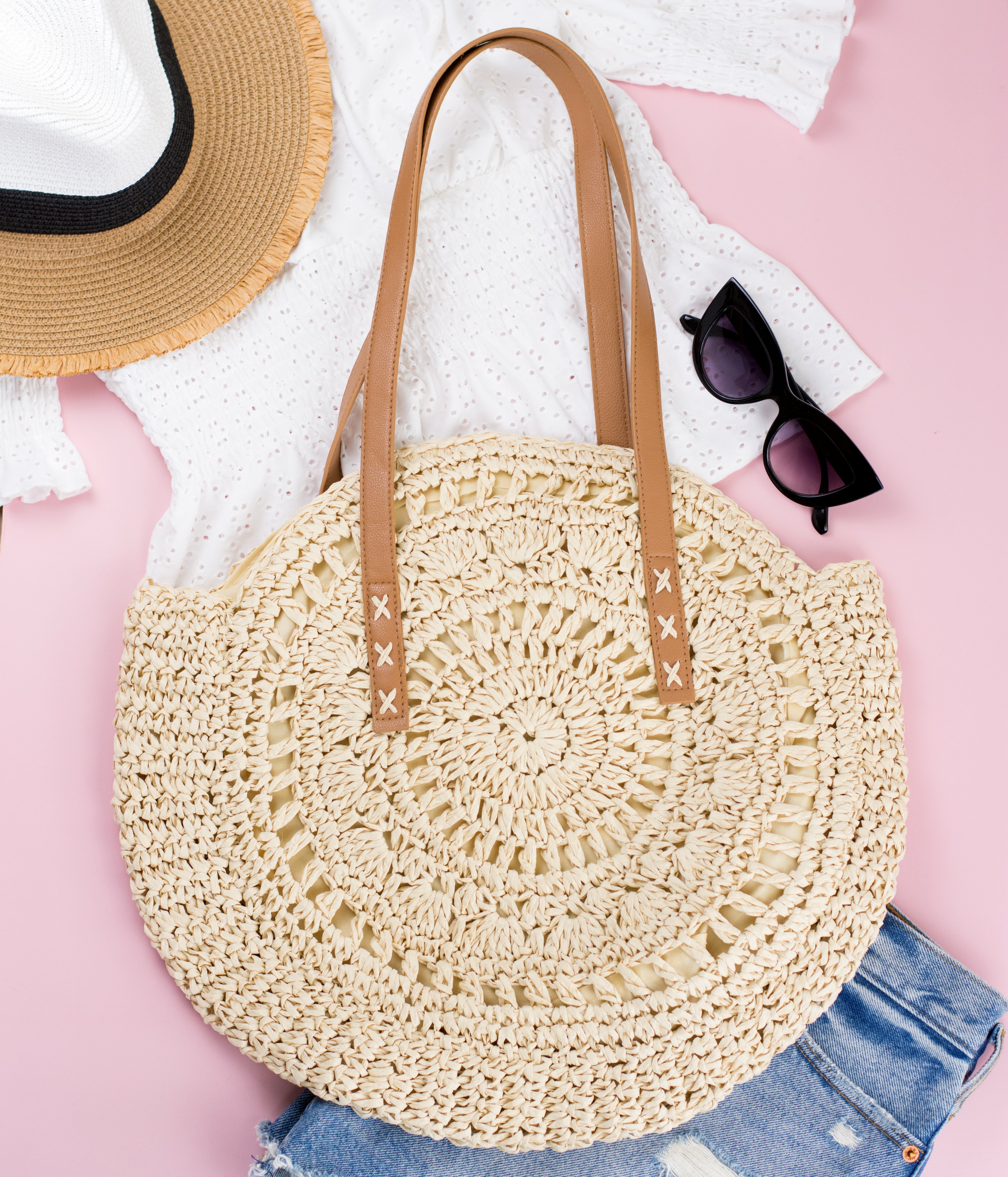 100% straw paper tote with PU leather straps 