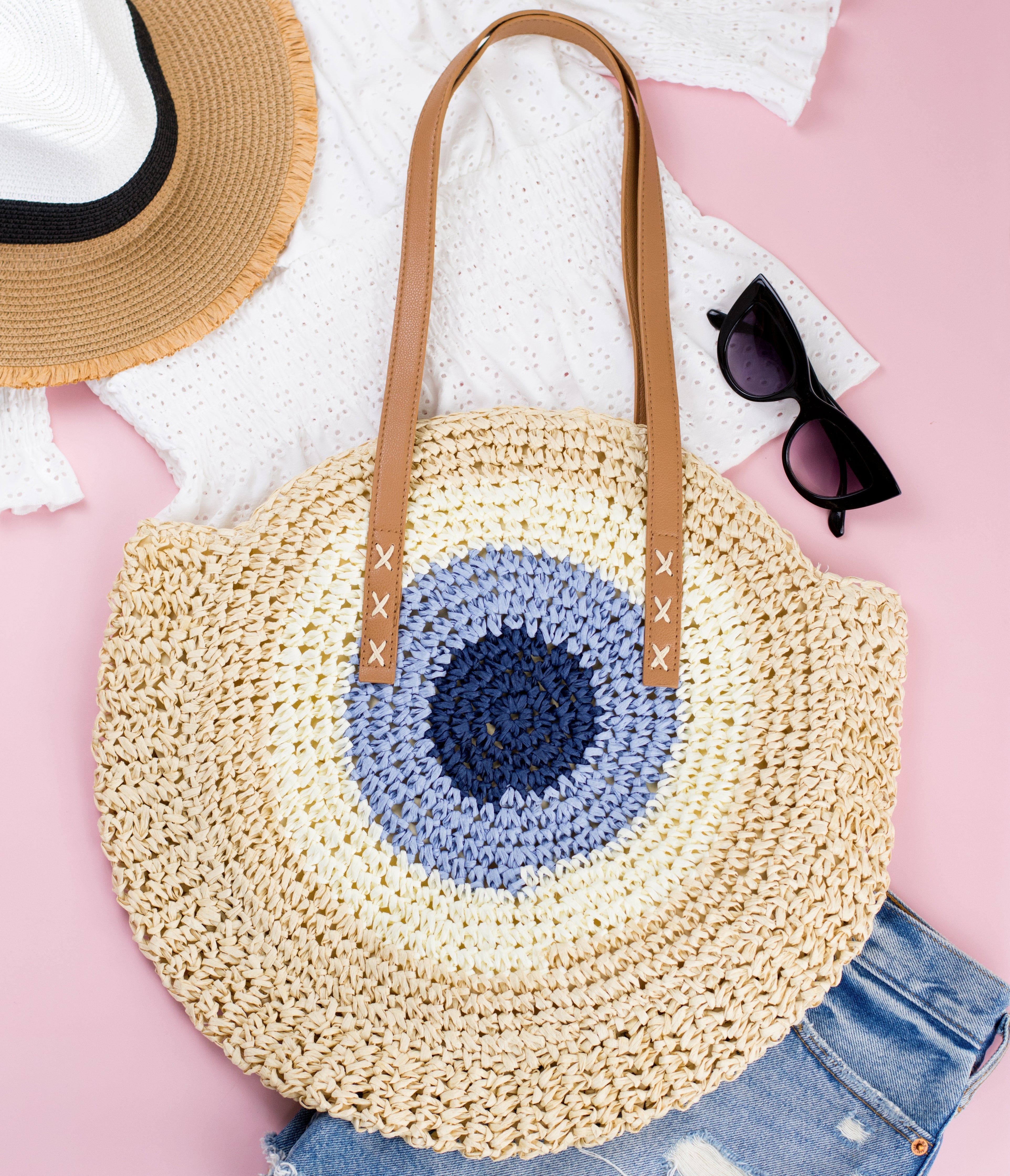 100% straw paper tote with PU leather straps in straw blue