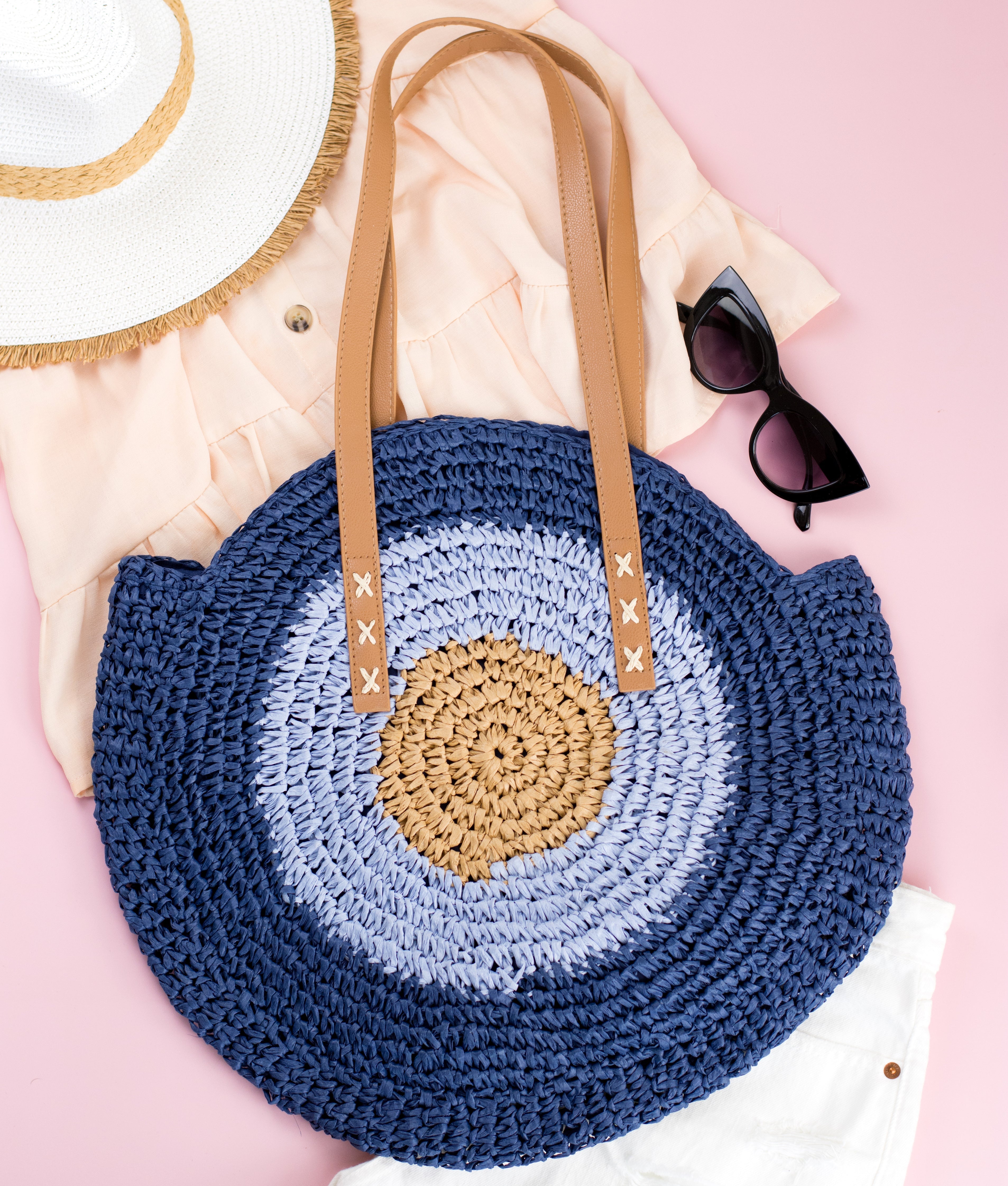 100% straw paper tote with PU leather straps in navy blue