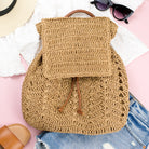 AVAH-front view khaki woven crochet backpack with brown leather straps