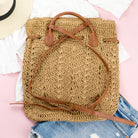 AVAH-back view khaki woven crochet backpack with brown leather straps