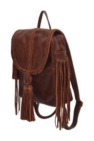 Brown leather backpack with fringes on a white background