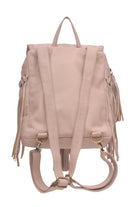 A light beige leather backpack with fringe details on the sides and straps, shown from the back against a white background, back view