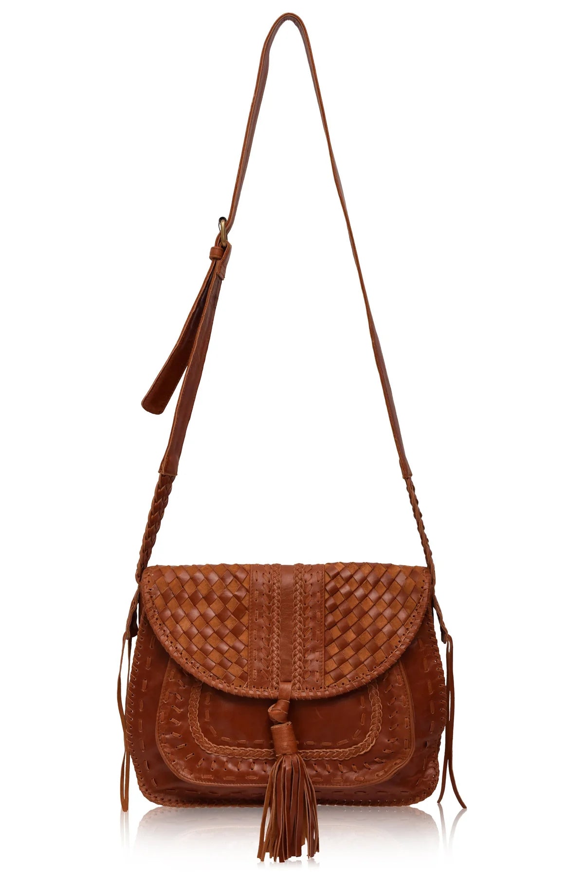 Brown woven leather handbag with a strap on a white background