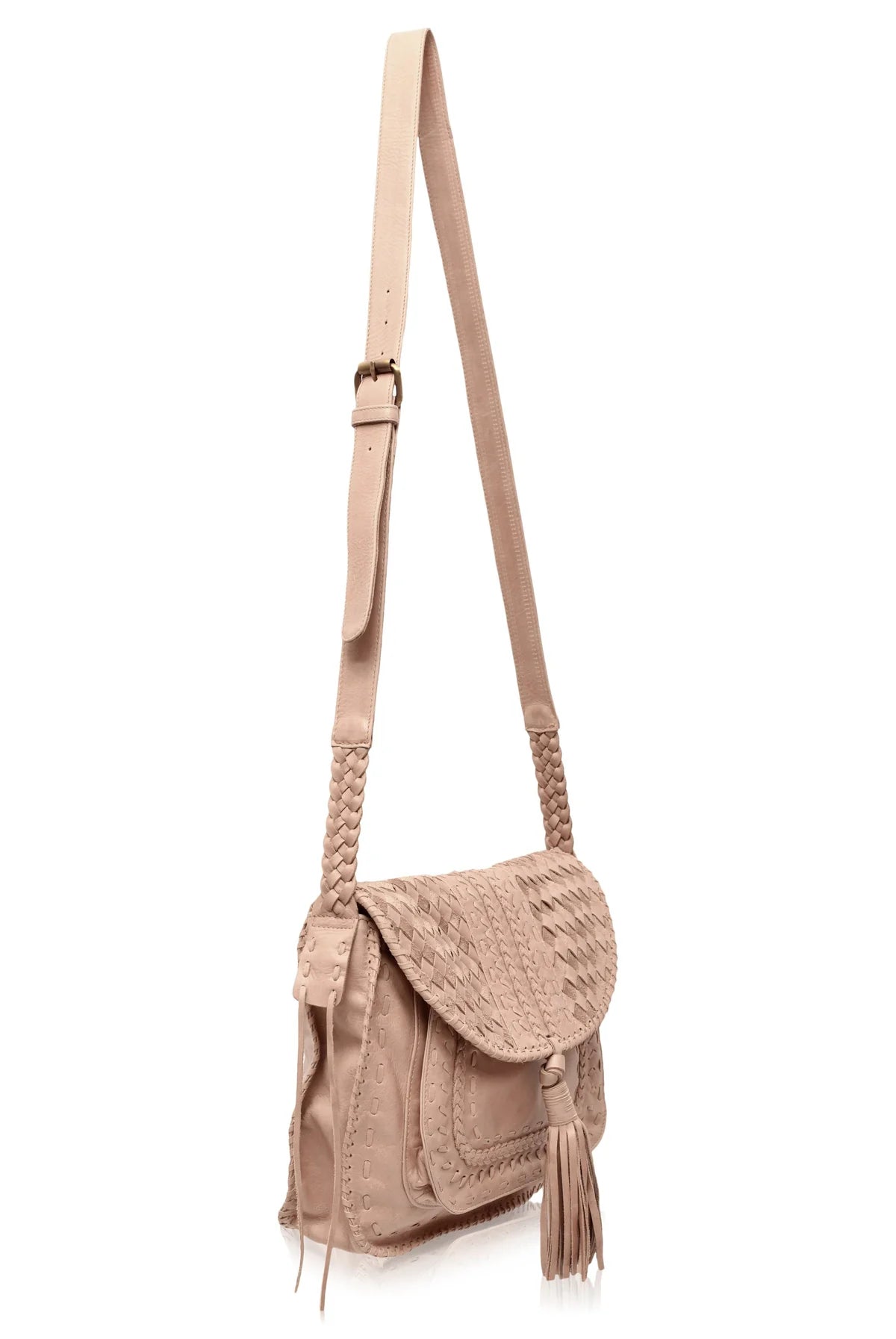 A light beige leather shoulder bag with a long strap, featuring a textured woven flap, braided strap details, and a tassel accent, shown against a plain white background.
