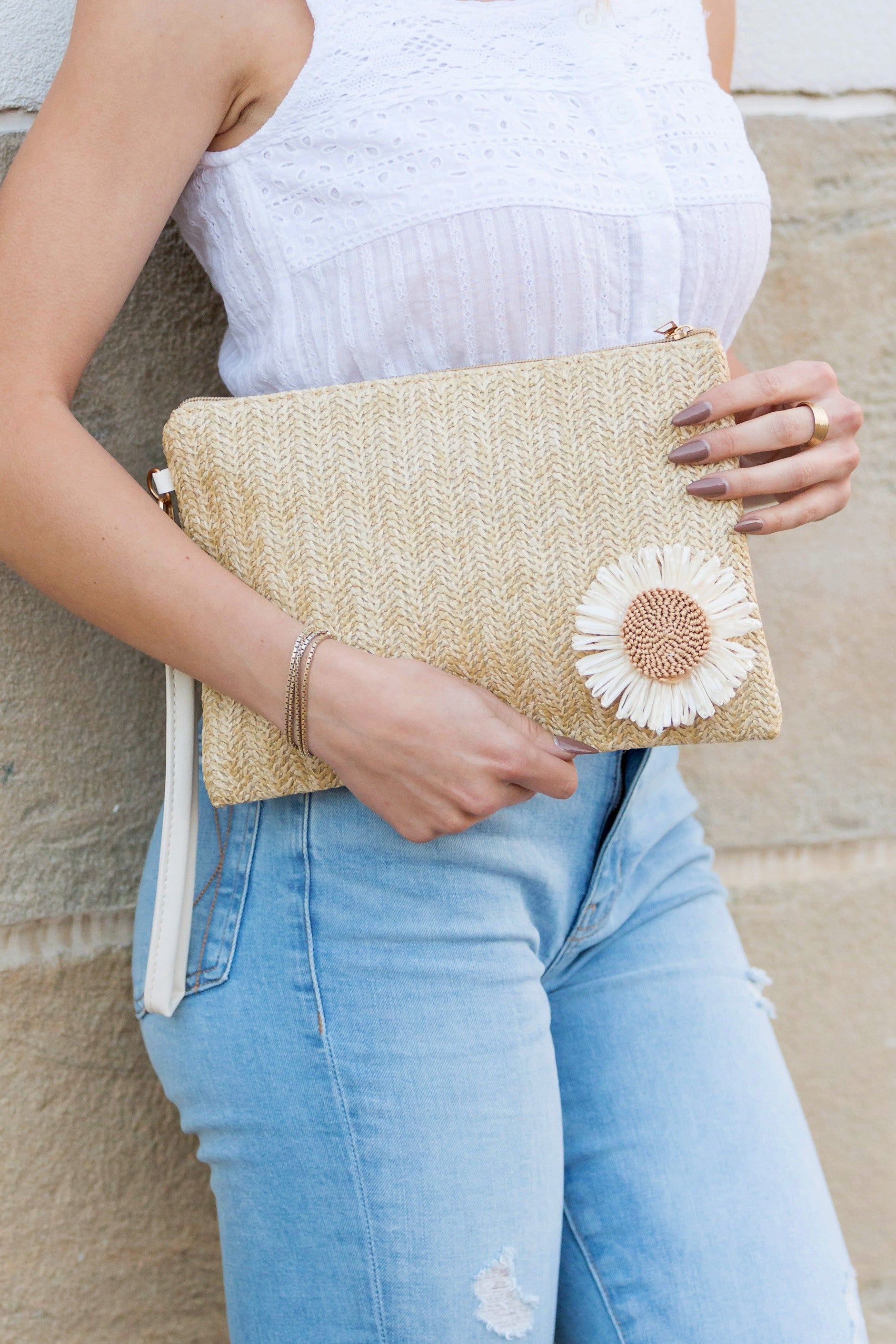 Chloe Straw Clutch with Flower