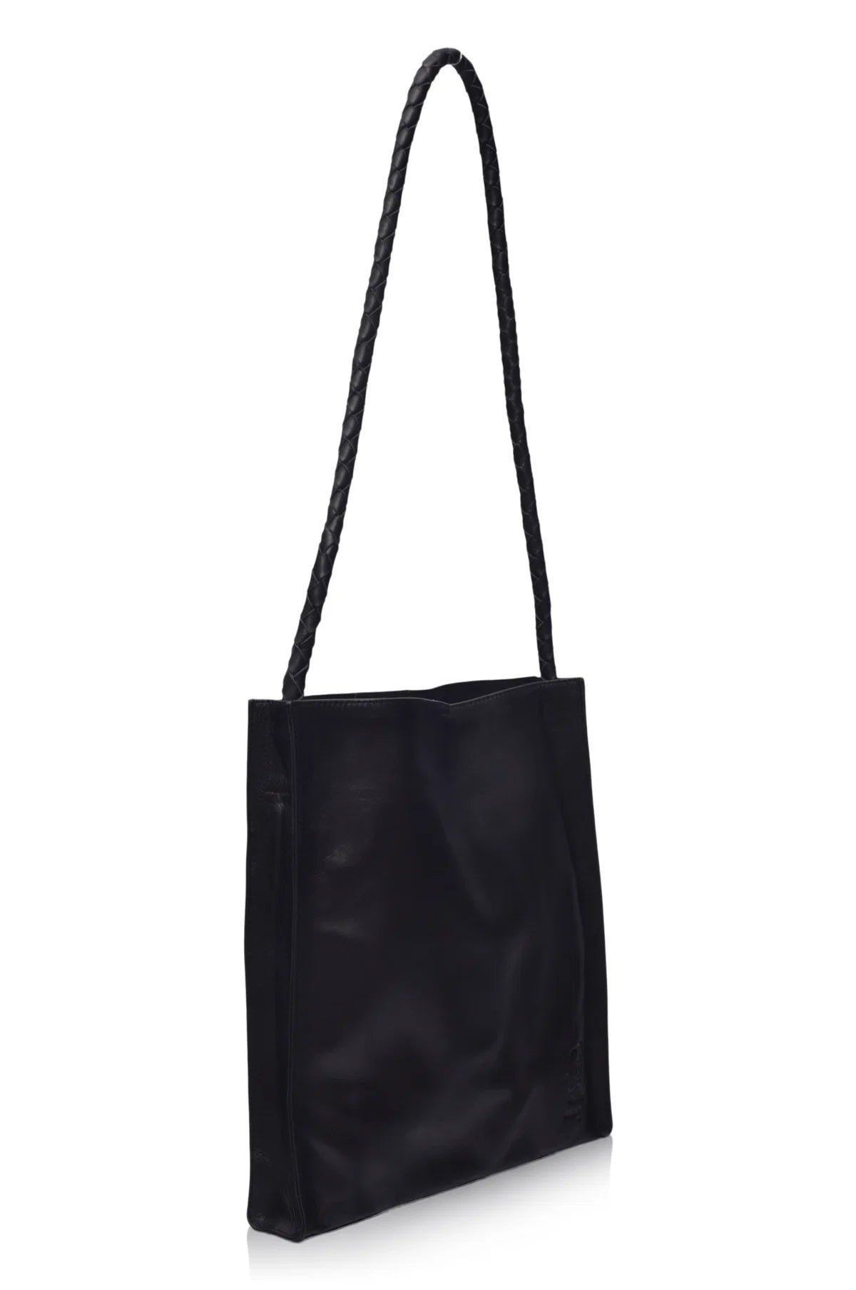 Black leather tote bag with a handle on a white background