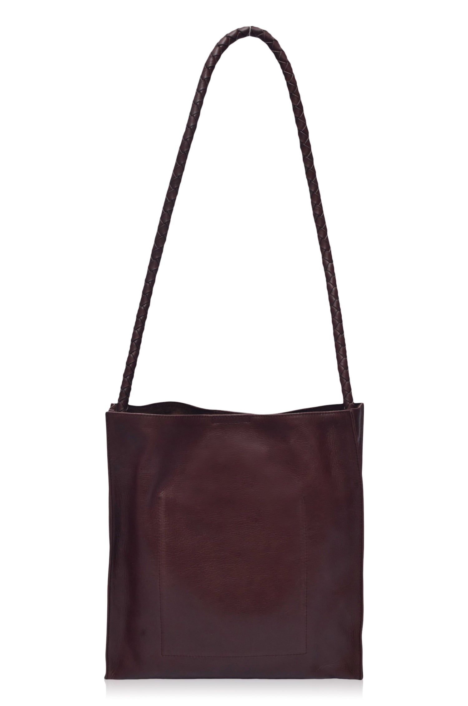 Dark brown leather tote bag with a handle on a white background