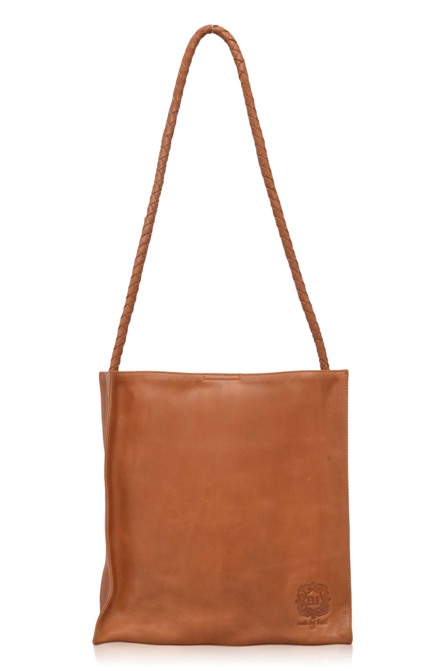 Tan leather tote bag with a strap on a white background