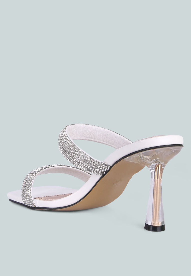 White high-heeled sandal with metallic heel, rhinestone details, and square toe on a white background, back view