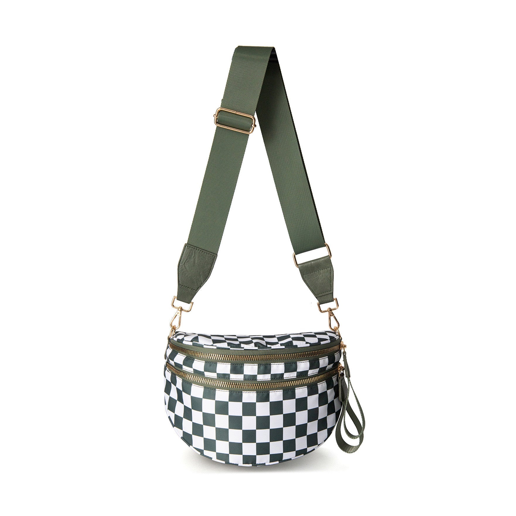 AVAH-a green and white checkered chic oversized sling bag with double zips and multiple pockets on a white background