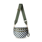 AVAH-a green and white checkered chic oversized sling bag with double zips and multiple pockets on a white background