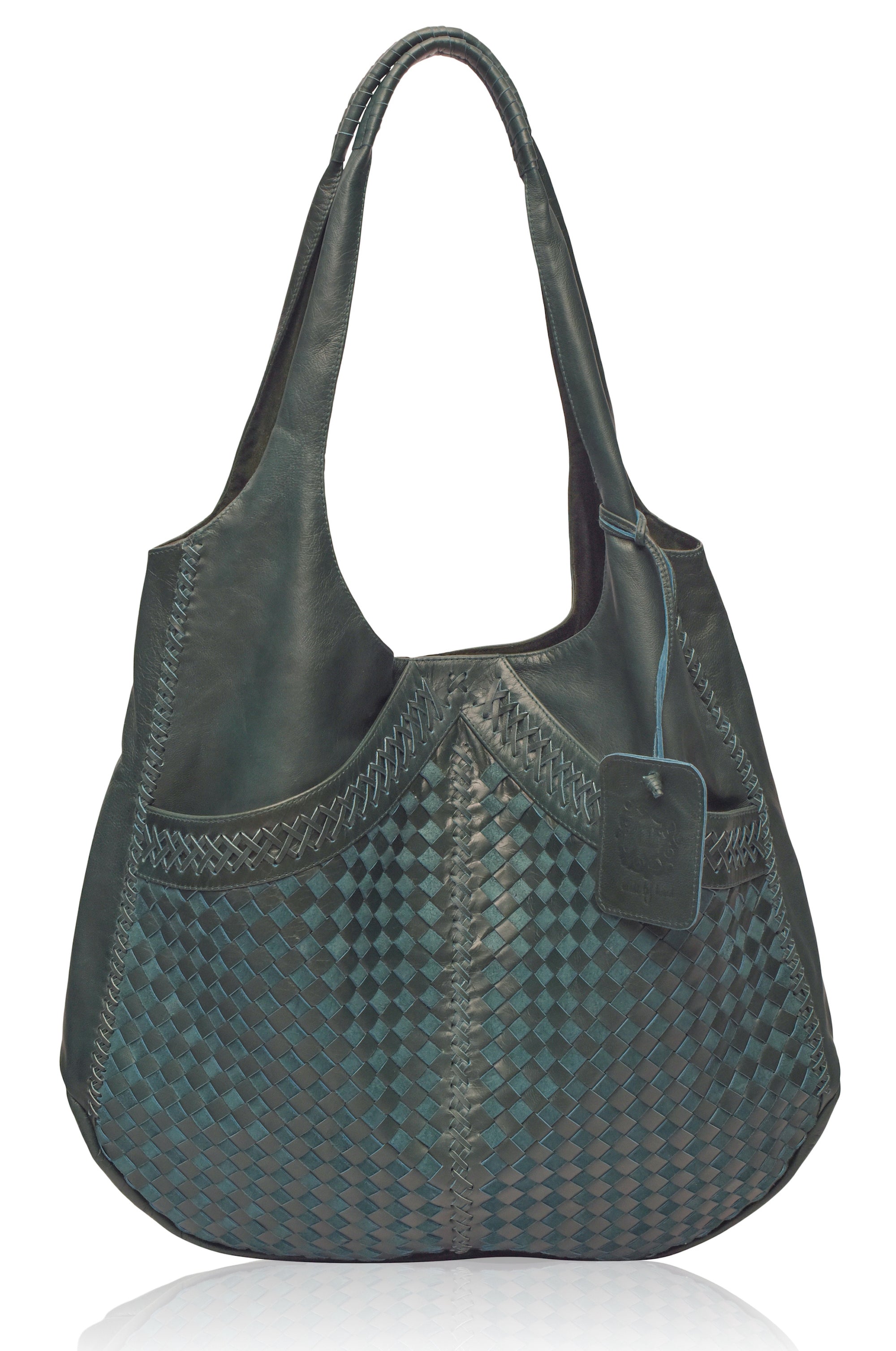 Handbag with woven pattern on a white background