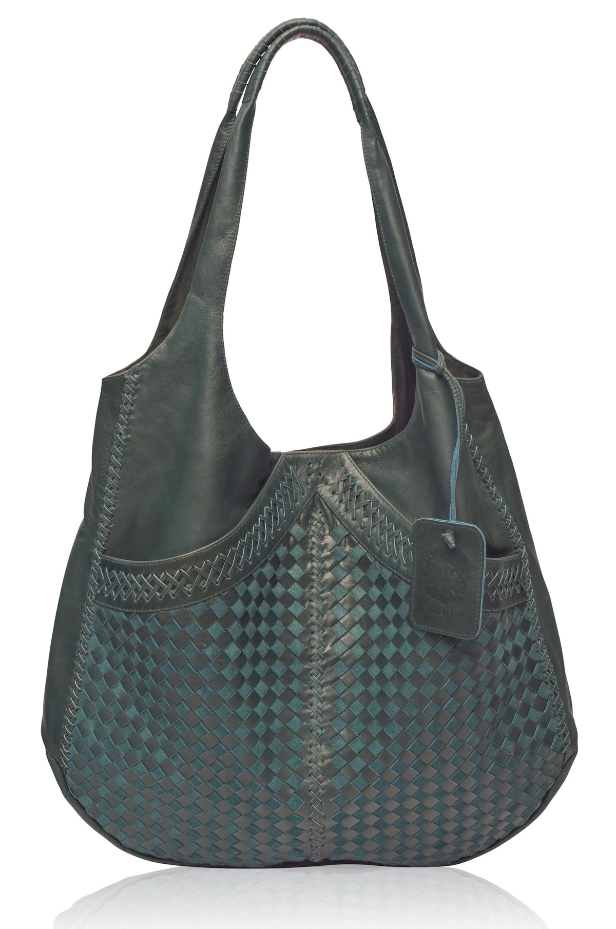 Handbag with woven pattern on a white background