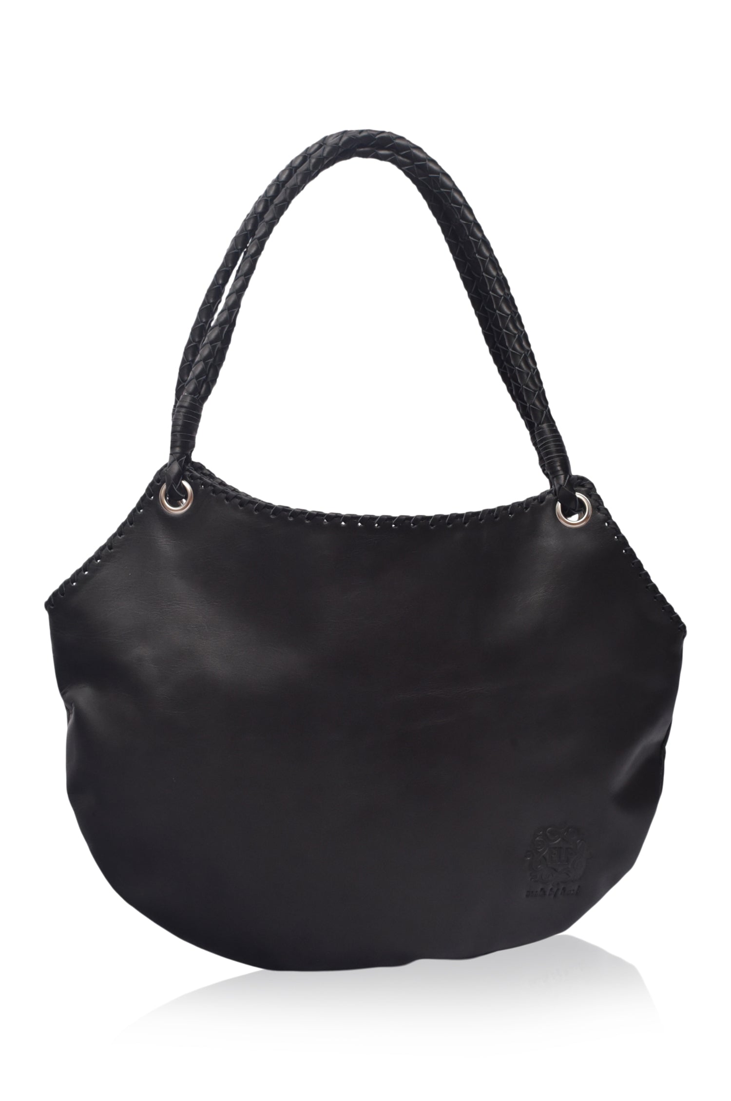 Black leather handbag with a rope handle on a white background