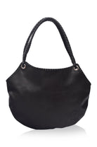 Black leather handbag with a rope handle on a white background