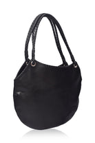 Black leather handbag with braided handle on a white background