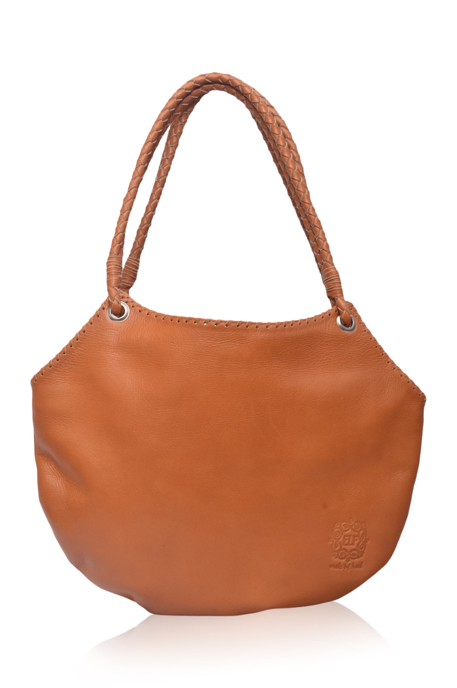 Camel mid-size leather tote bag with a woven handle on a white background
