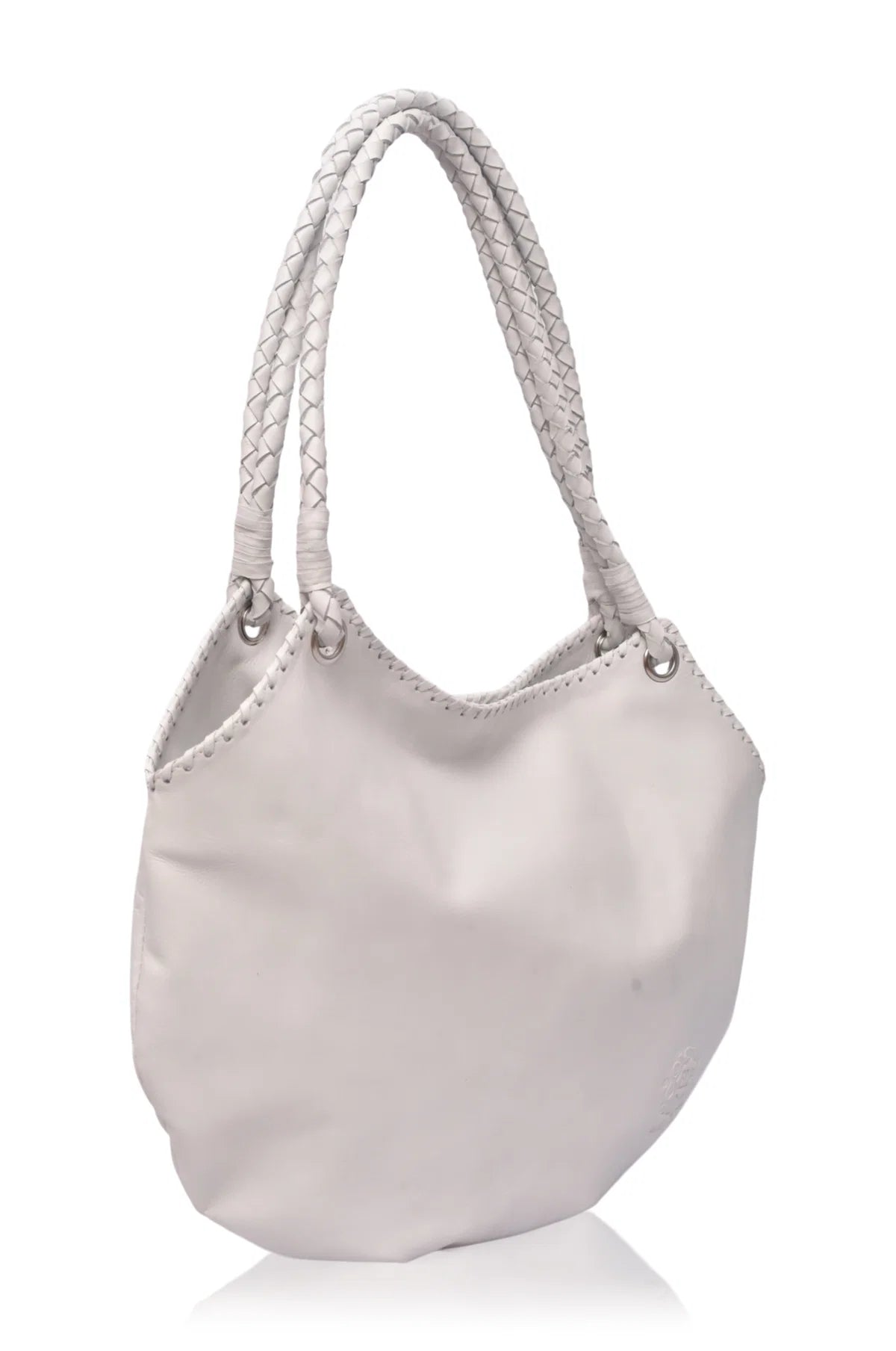 A white slouchy shoulder bag with braided rope handles and silver-tone hardware, shown on a plain white background.