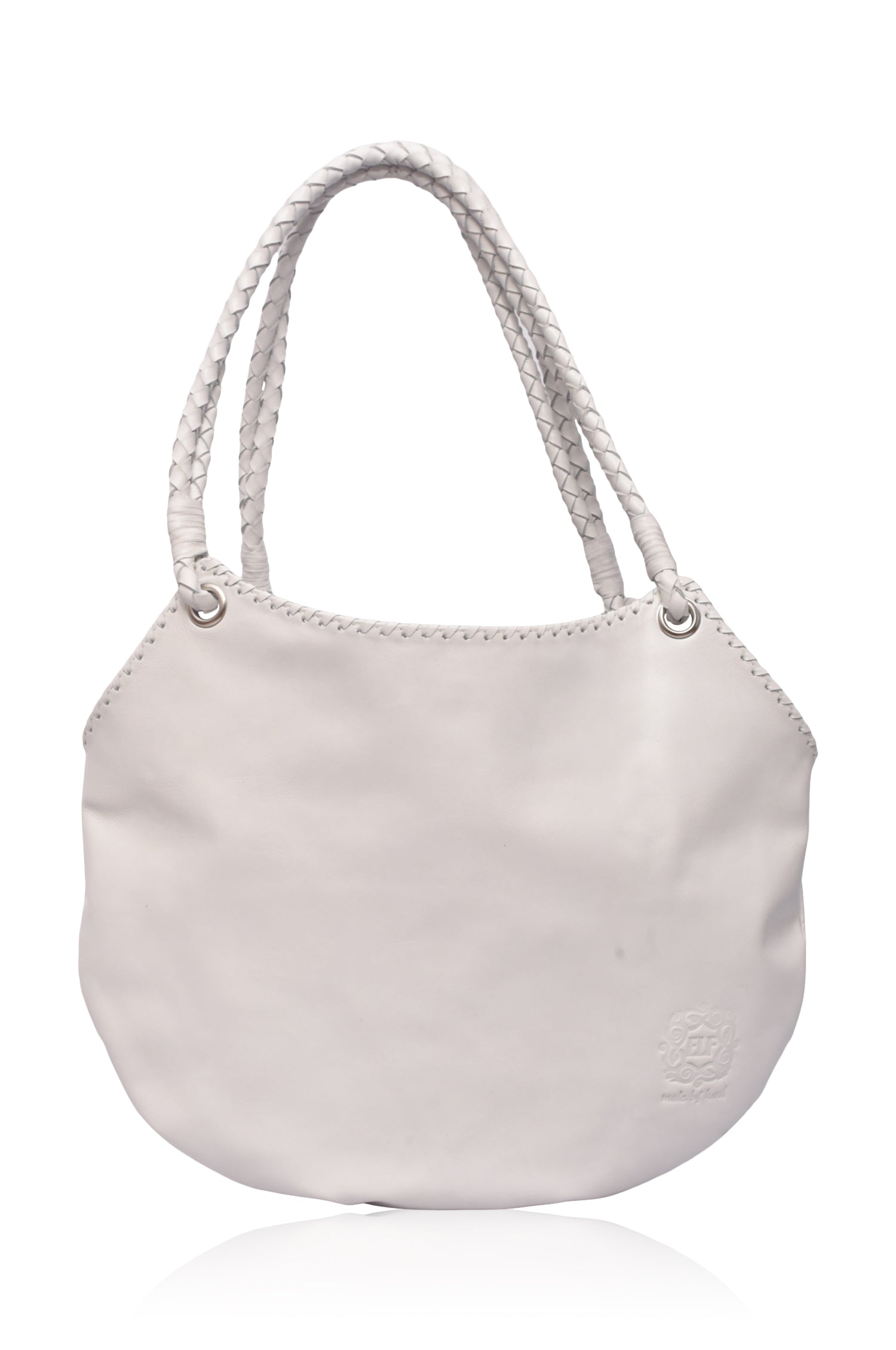 White leather handbag with rope handles, silver hardware and stitched detail on a white background