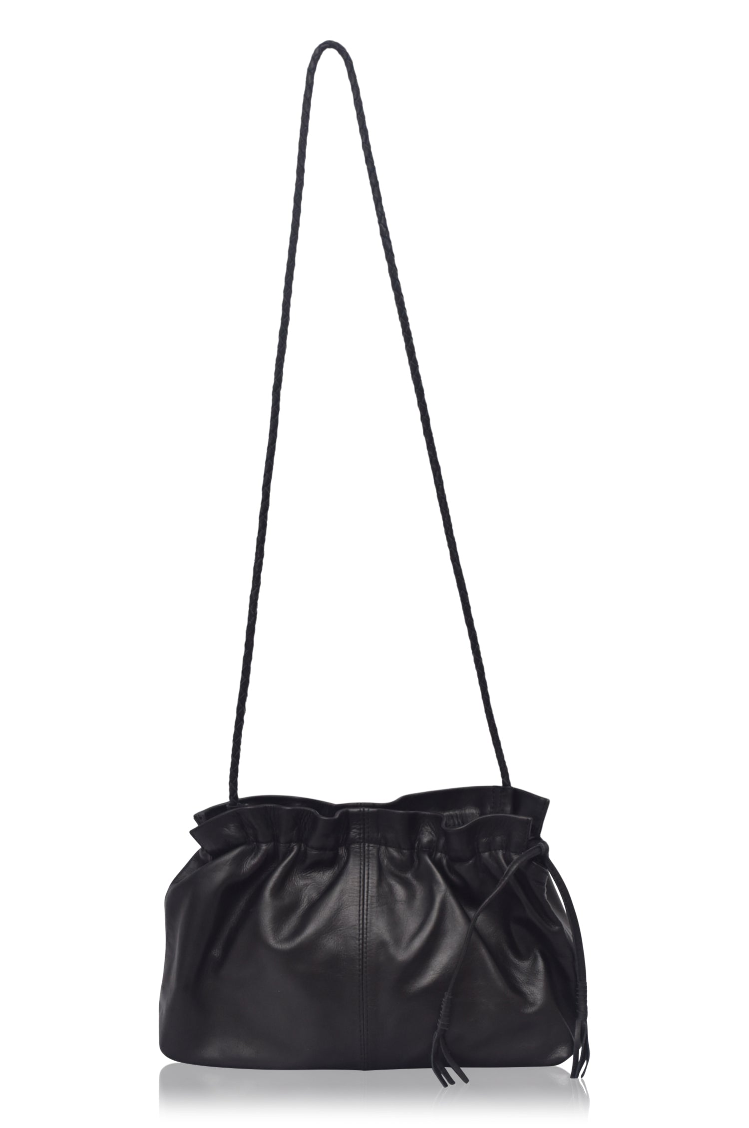 Black leather handbag with a strap on a white background