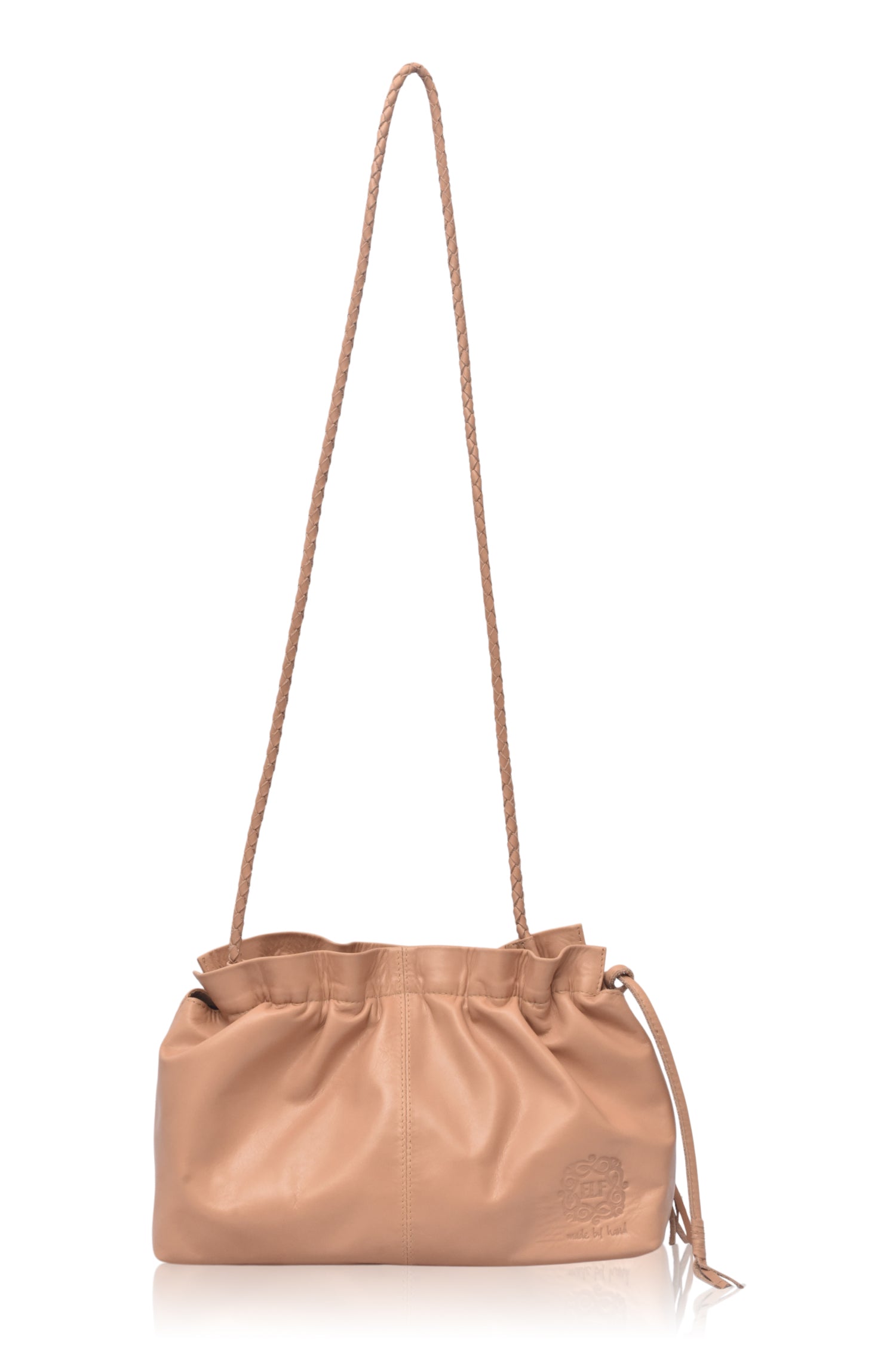 Beige leather crossbody handbag with drawstring top and braided strap on a white background, front view