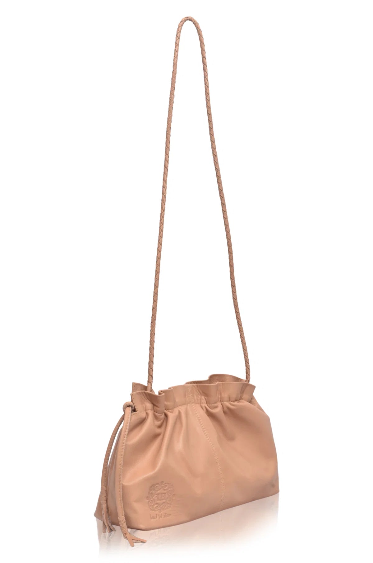 A beige leather shoulder bag with a long braided shoulder strap, featuring a drawstring top and a debossed logo on the front, set against a plain white background.