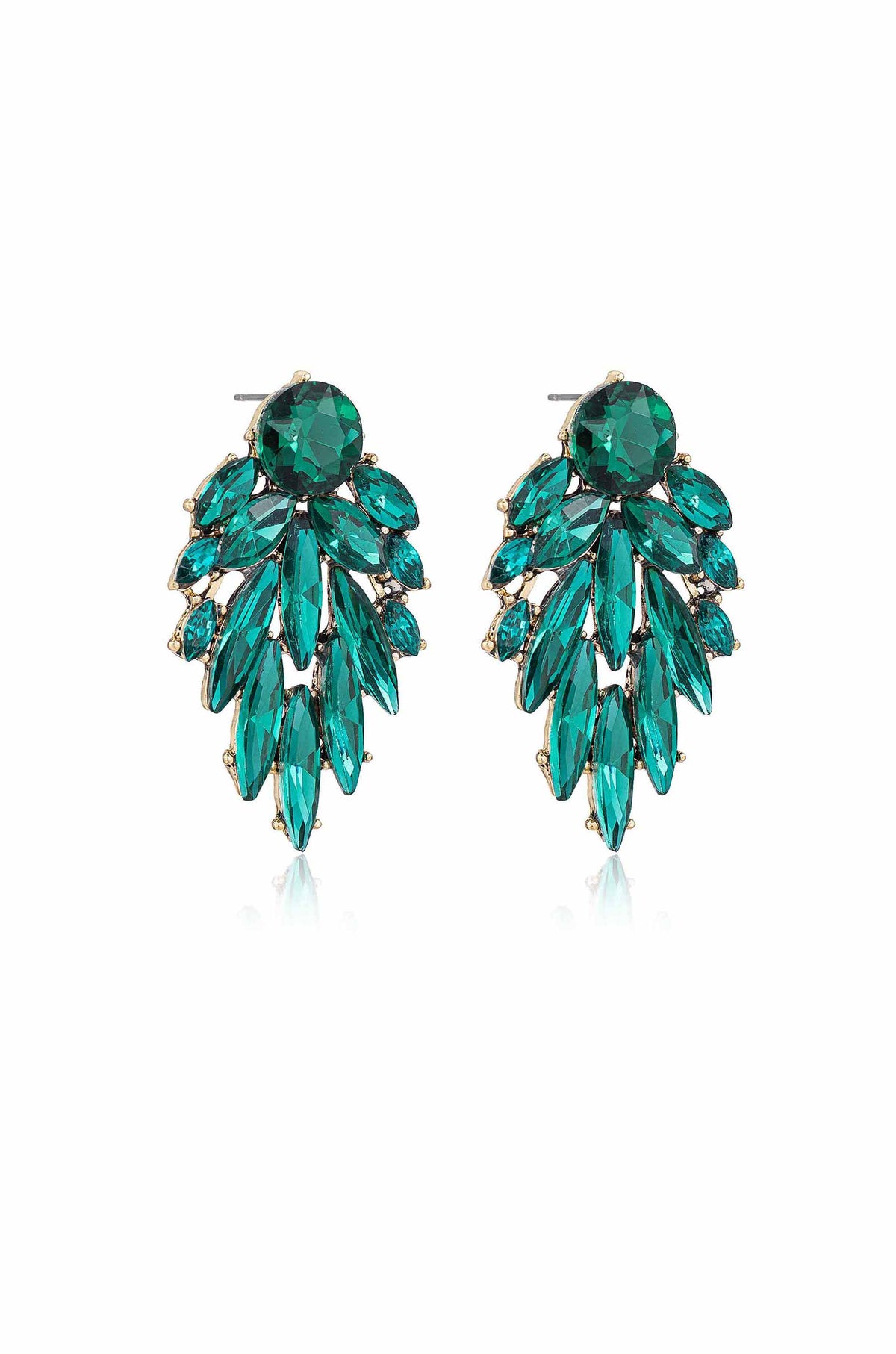 Angled view of green crystal plume earrings with post backs on white background.