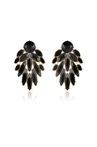 Black crystal plume earrings with gold-tone settings on white background.
