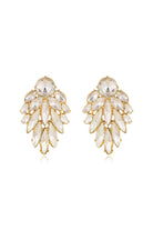 Clear crystal plume earrings with gold-tone settings on white background.