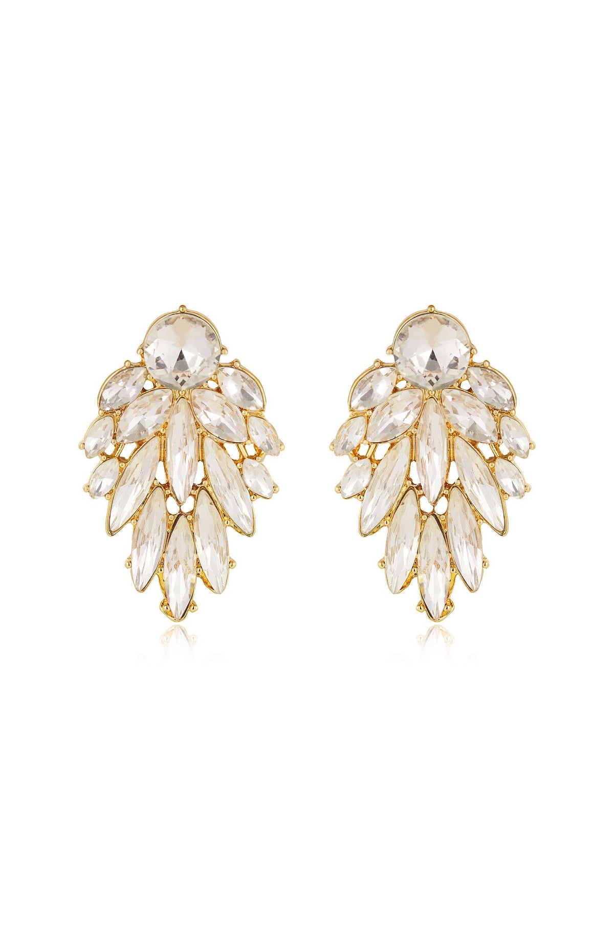 Clear crystal plume earrings with gold-tone settings on white background.