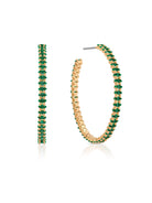 Gold-tone open hoop earrings lined with green marquise-style stones on white background.