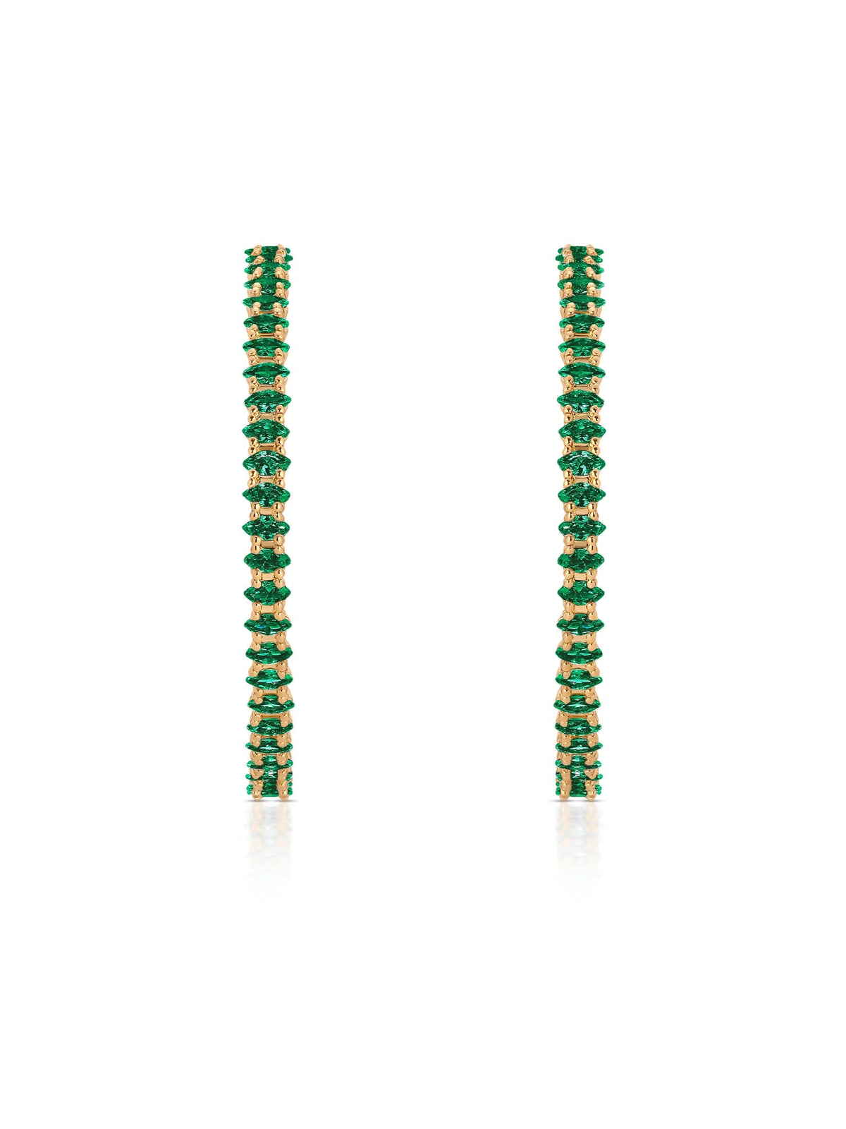 Front view of slim green cubic zirconia hoops on white background.