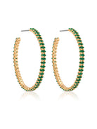 Angled view of green stone open hoops showing post closures on white background.