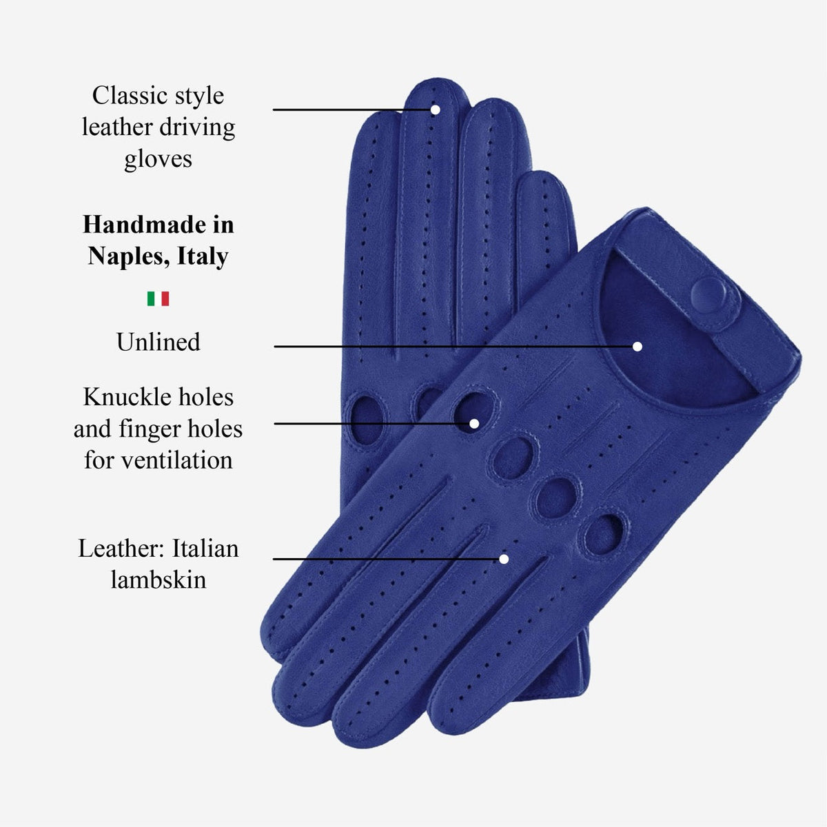Blue leather driving gloves with text labels on a white background