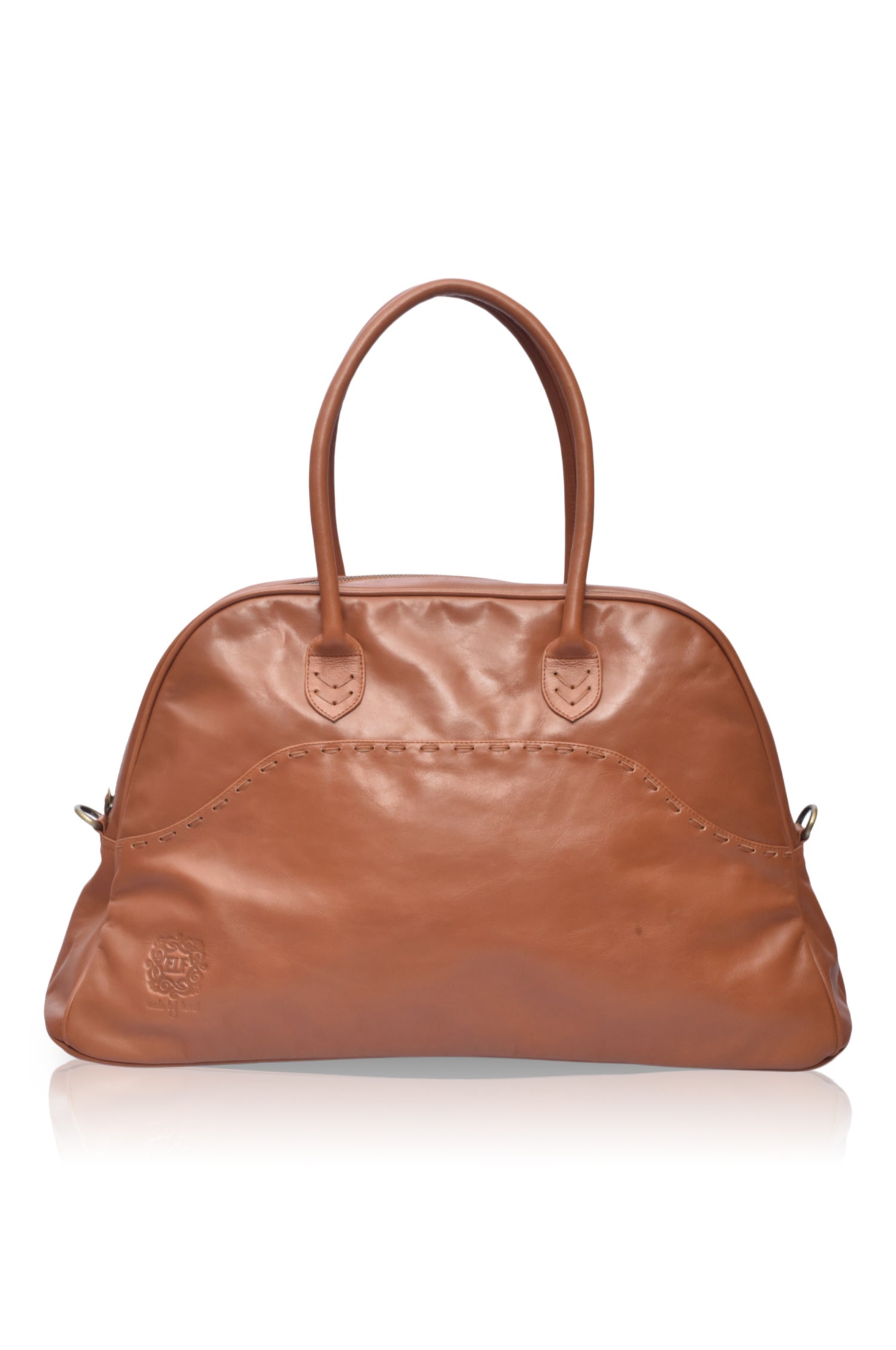 Brown leather handbag on a white background