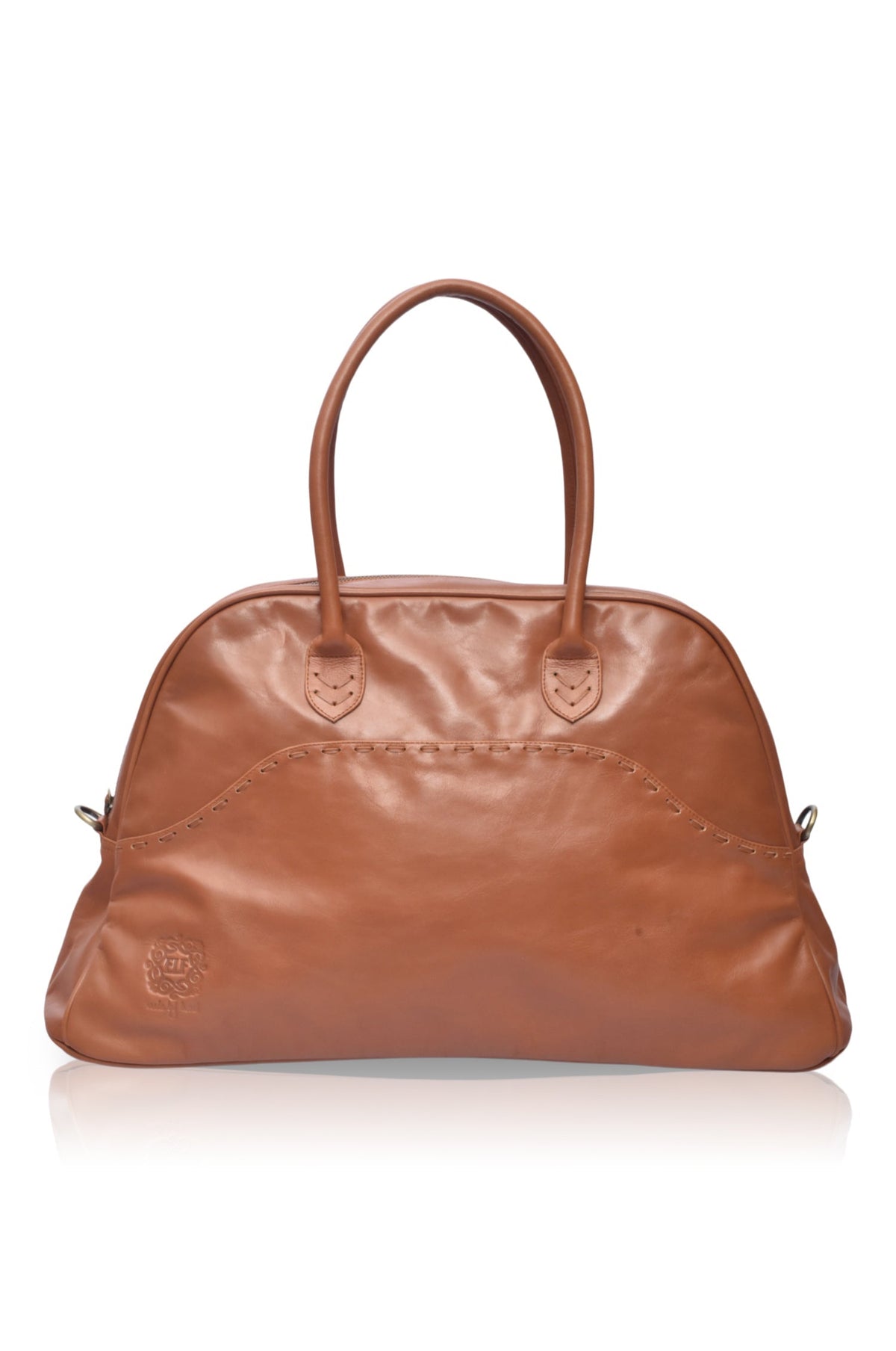 Brown leather handbag on a white background