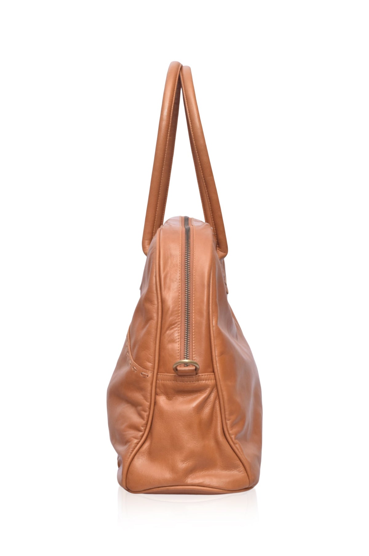 Brown leather handbag with a zipper on a white background