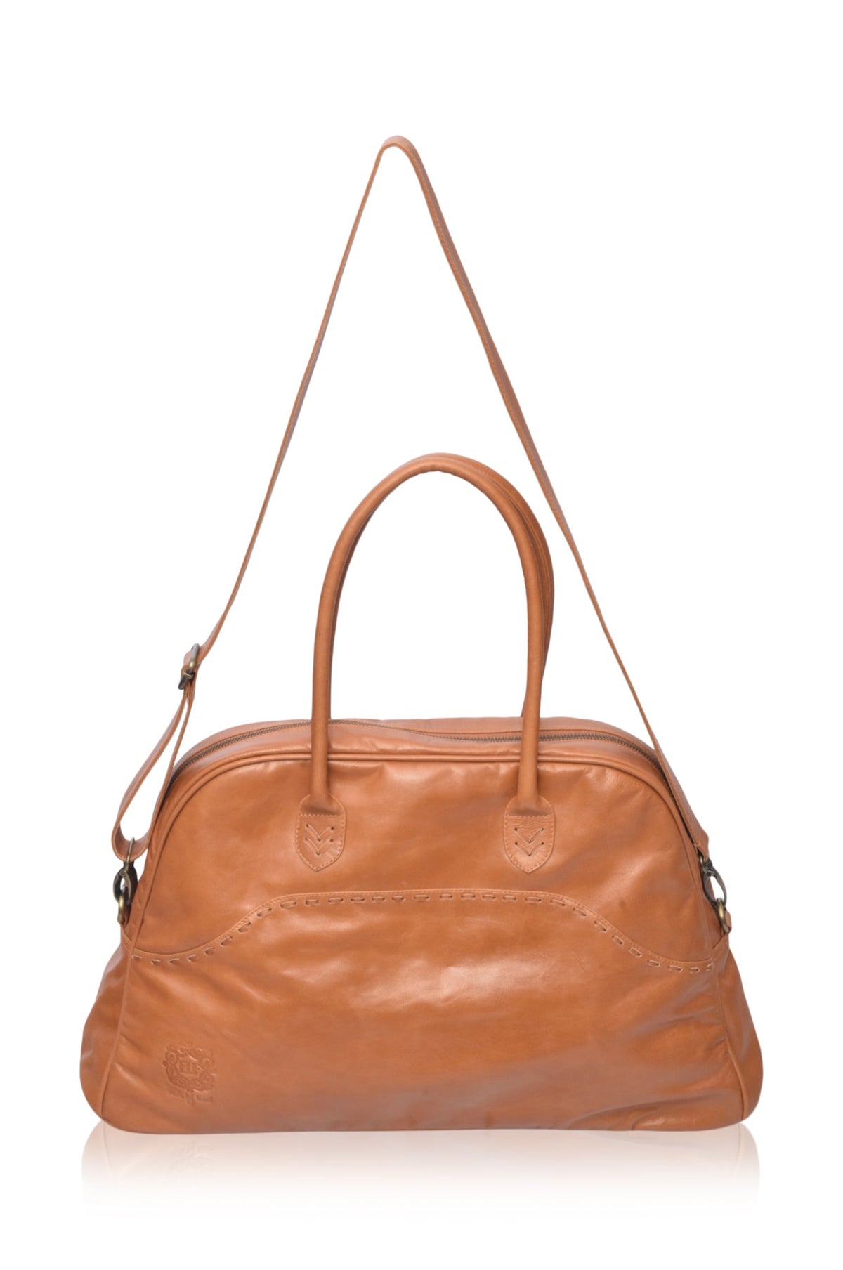 Brown leather handbag with a strap on a white background