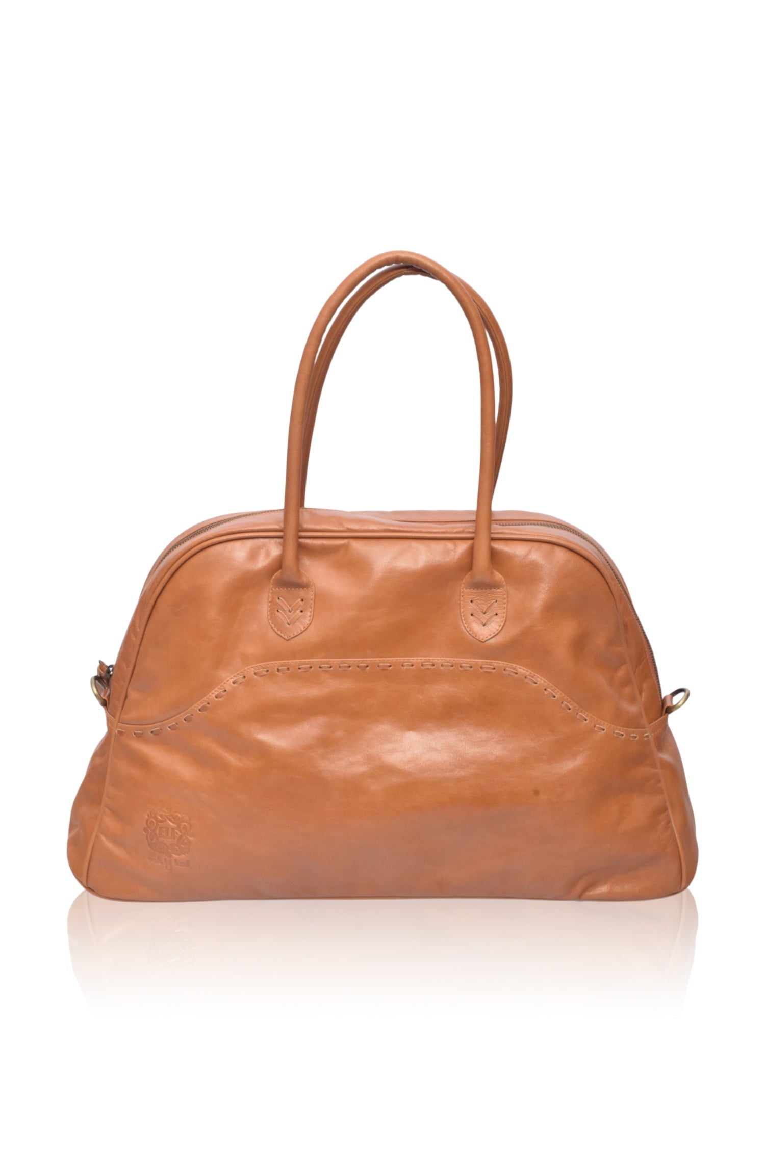 Brown leather handbag on a white background