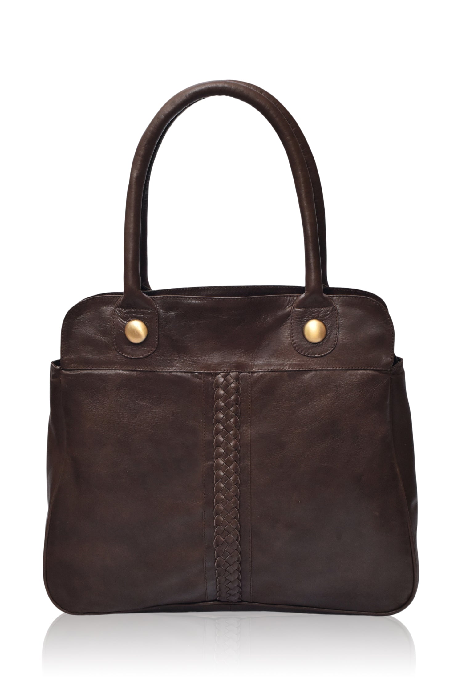 Large brown leather tote bag with gold buttons on a white background