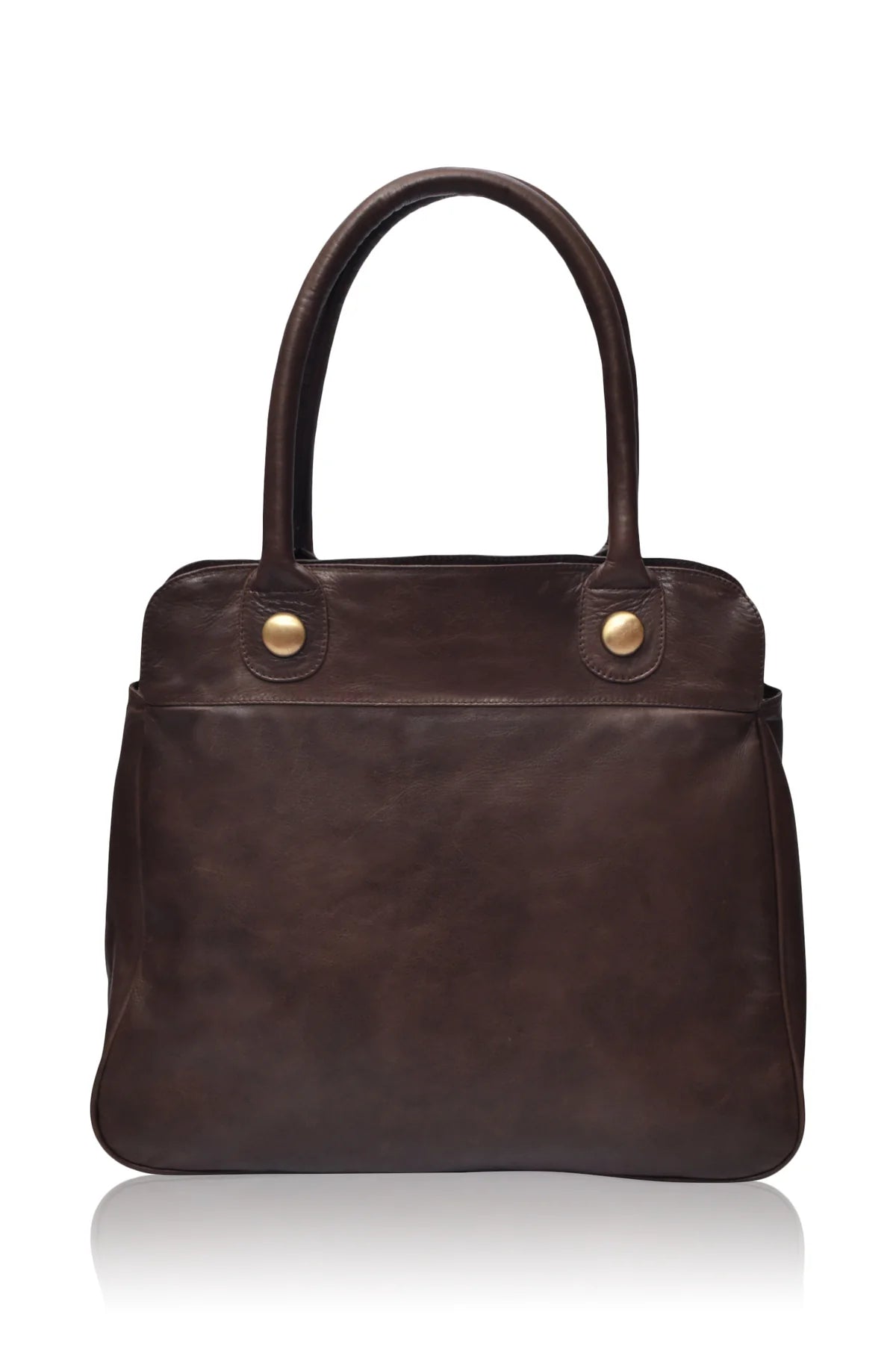 Brown leather tote with gold buttons on a white background