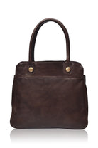 Brown leather tote with gold buttons on a white background