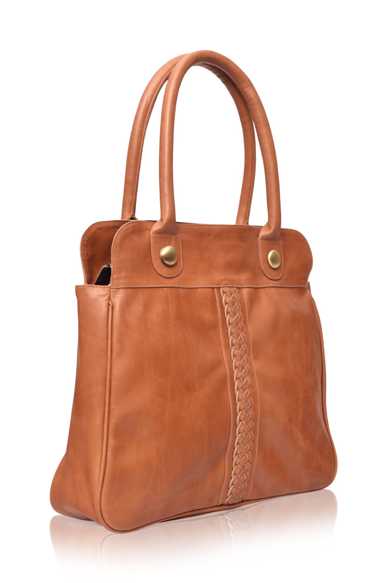 Tan leather tote with braided detail on the front on a white background, 3/4 view